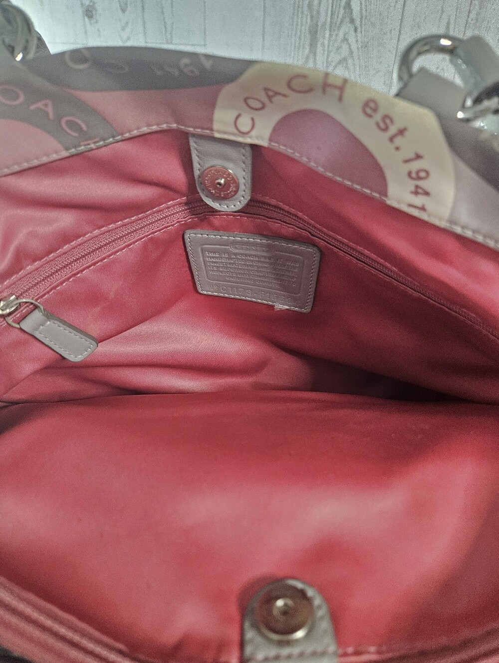Coach Ashley Snap Satchel Handbag C1173 F5504 Large Tote Pink Gray Logo Satin - Picture 11 of 13